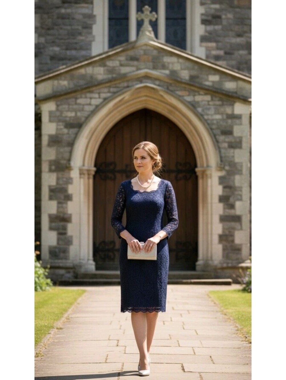 ADRIANNA PAPELL Evenings Navy Blue Lace Lined Sheath Dress 3/4 Sleeve Size 6
